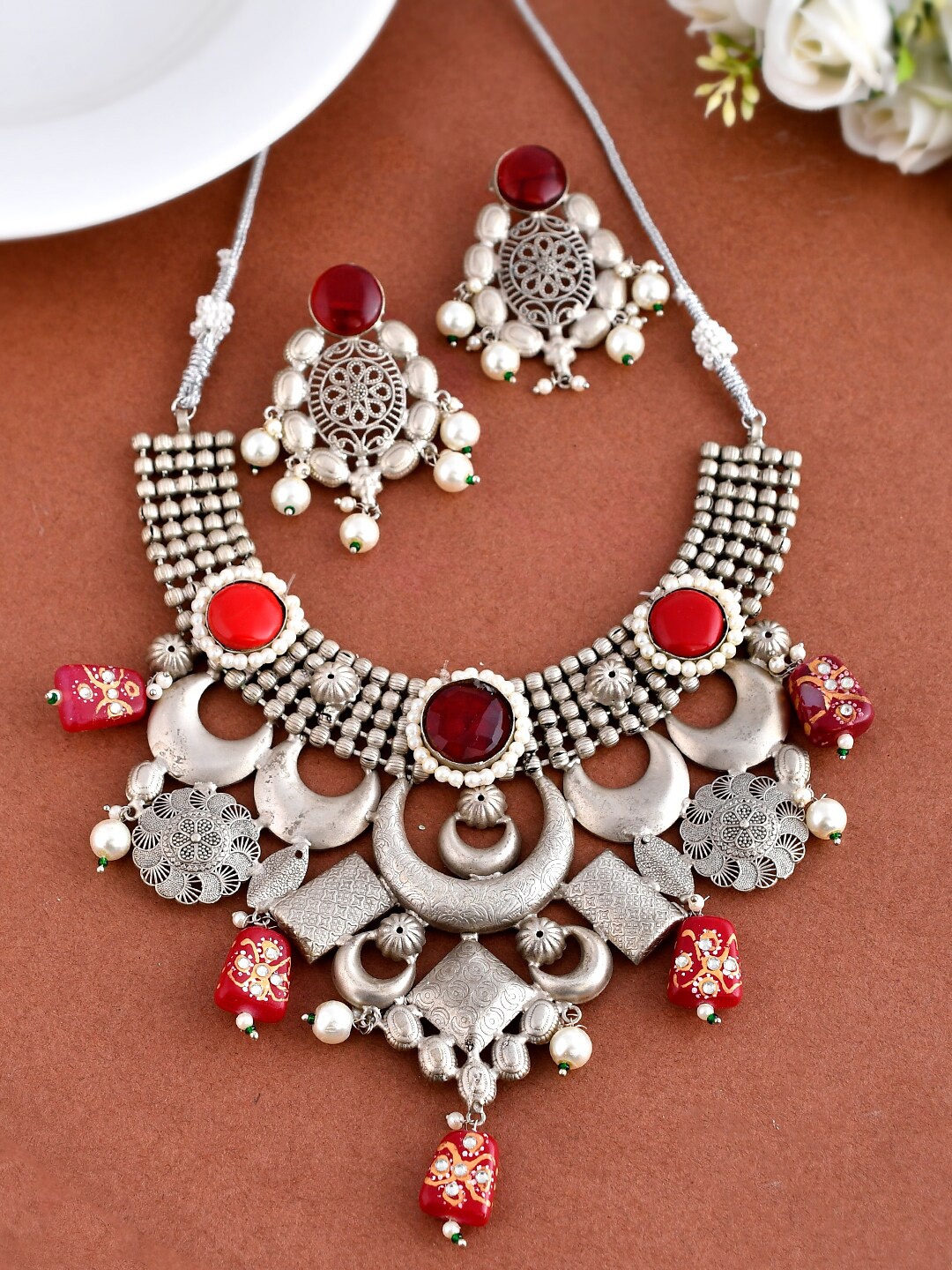 

Silvermerc Designs Silver-Plated Stone-Studded Necklace & Earrings