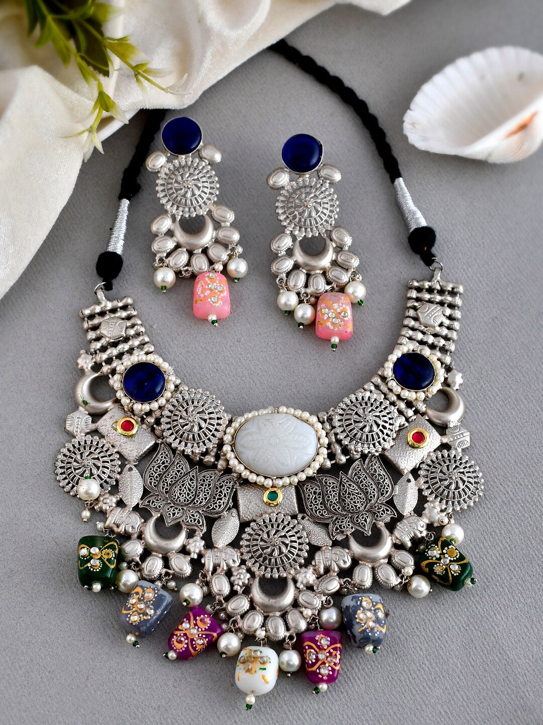 Silvermerc Designs Silver-Plated Stone-Studded & Beaded Necklace & Earrings