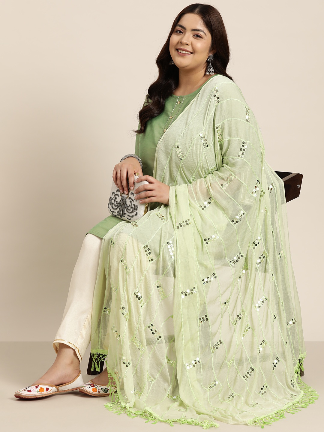 

Sztori Ethnic Motifs Embroidered Dupatta with Sequinned, Lime green
