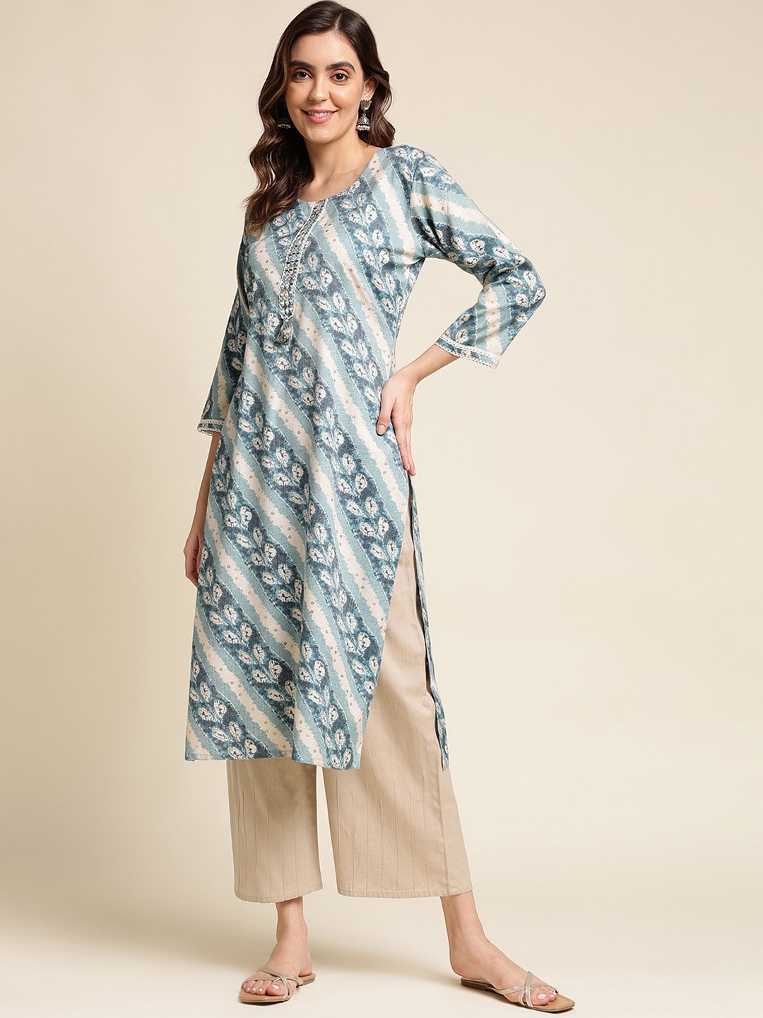 

Sangria Blue & Off White Striped Straight Kurta