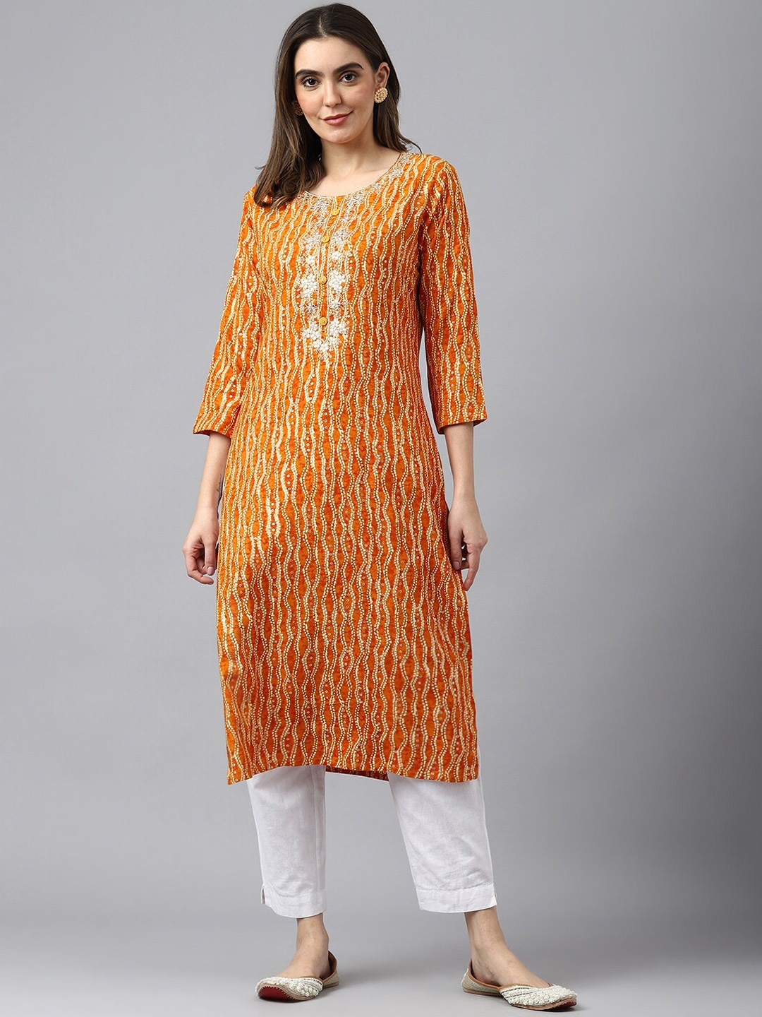 

Sangria Yellow Abstract Foil Printed Sequined Straight Kurta, Mustard