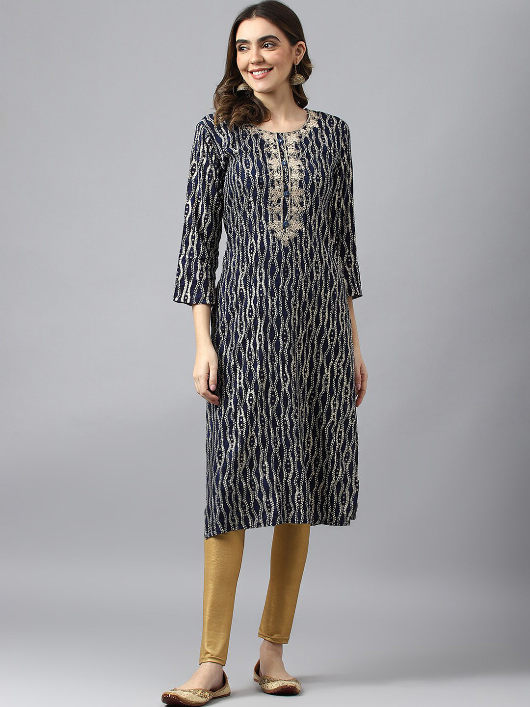 

Sangria Navy Blue Abstract Foil Printed Sequined Straight Kurta