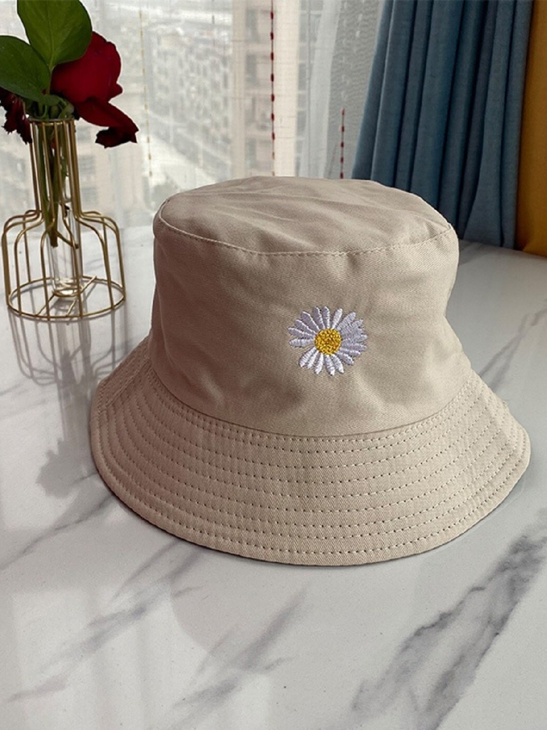 

Zacharias Women Cotton Embroidered Detail Bucket Reversible Beach Cap, Beige