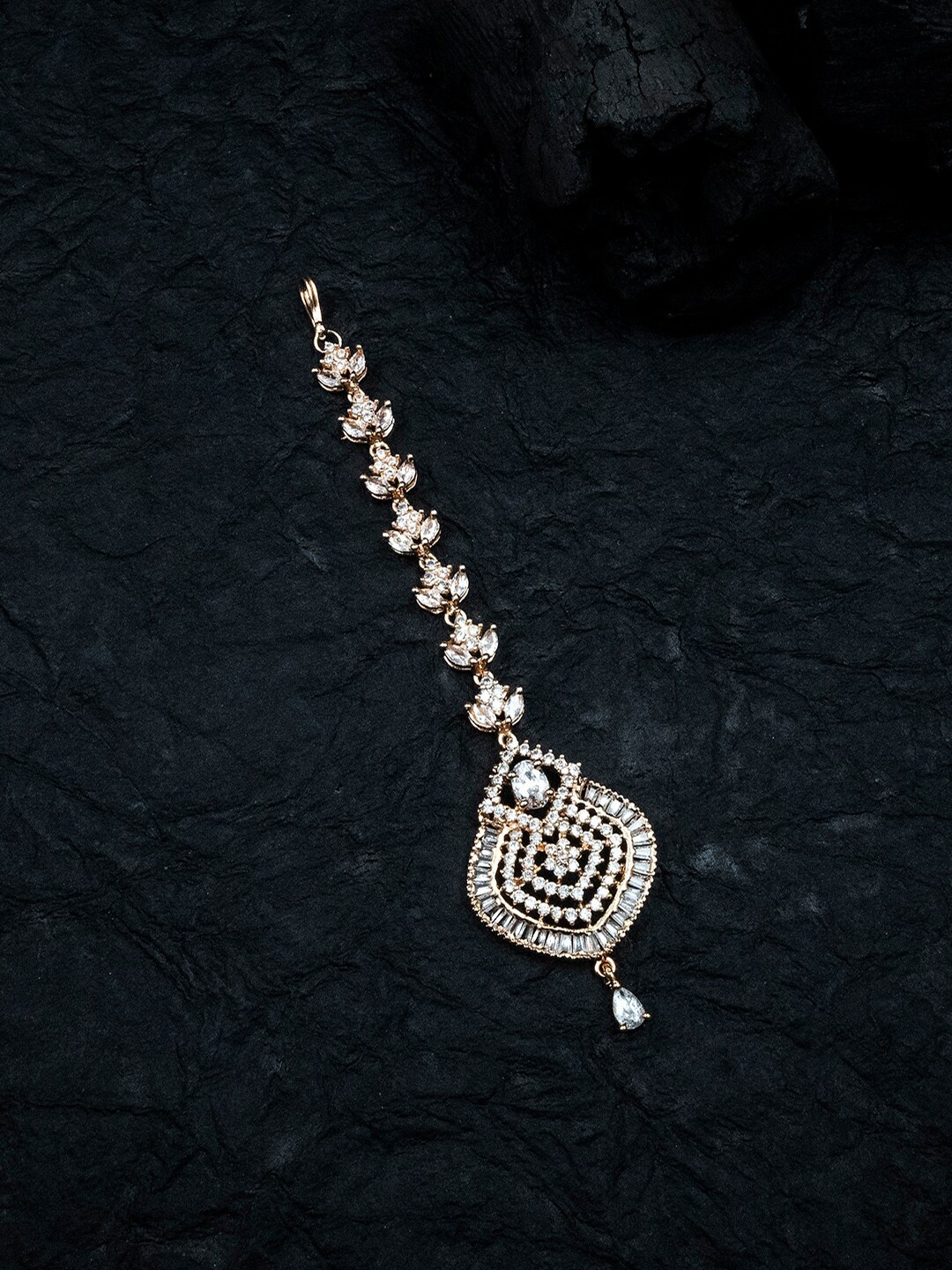 StileAdda Rose Gold-Plated White AD Stone-Studded Maang Tikka