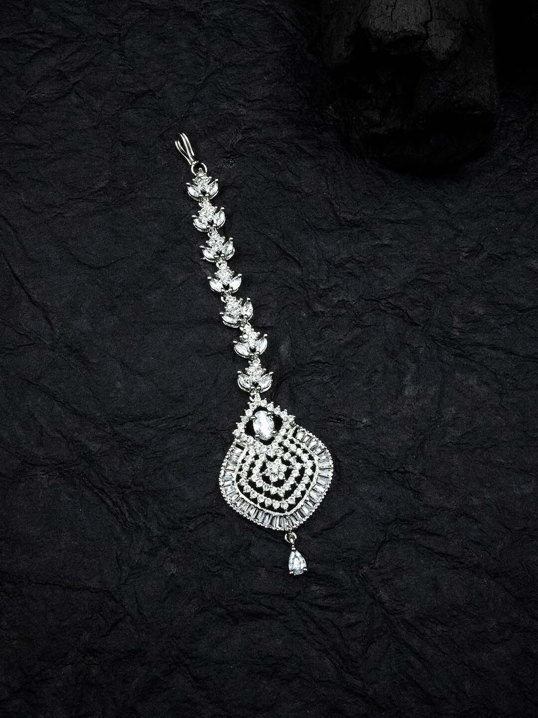 

StileAdda Silver-Plated White AD Stone-Studded Maang Tikka