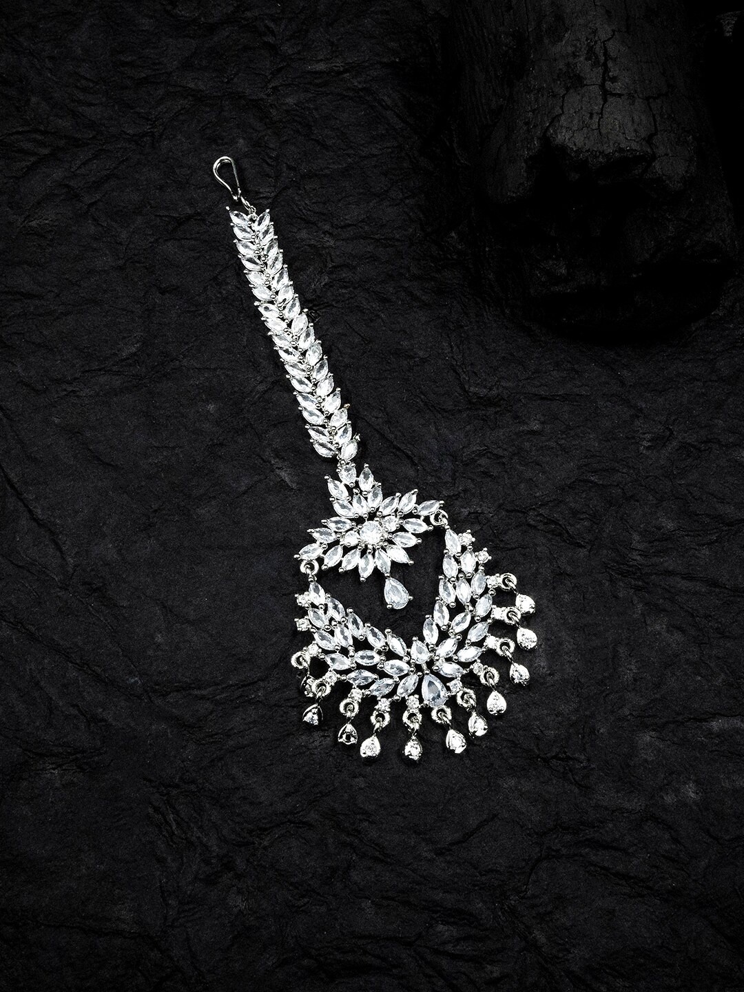 StileAdda Silver-Plated White AD Stone-Studded Maang Tikka