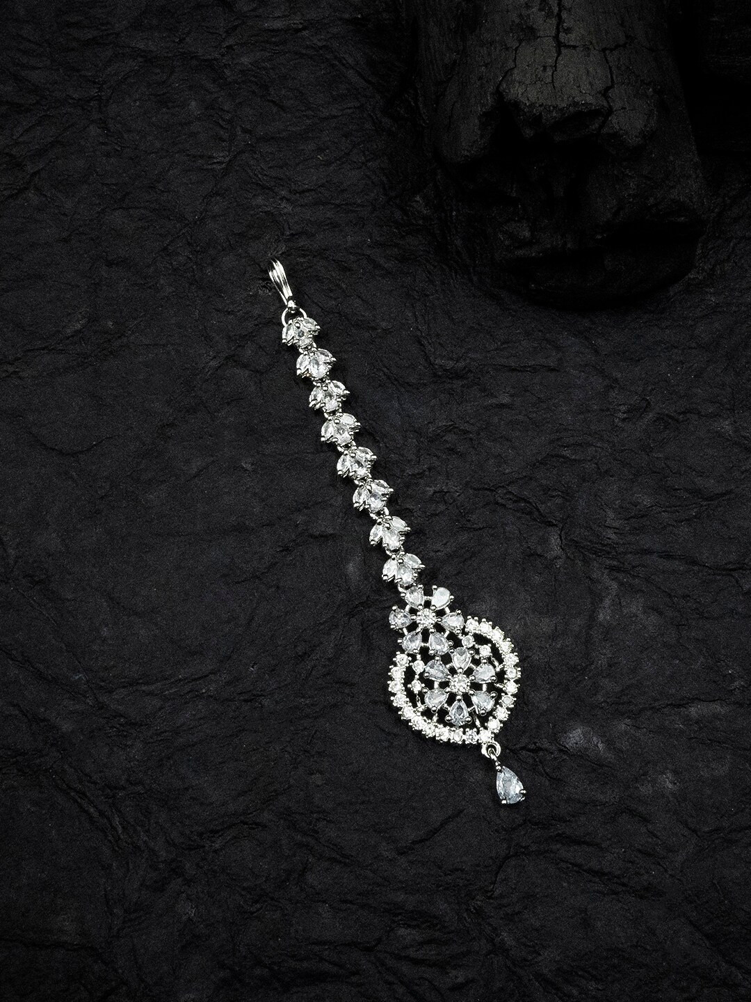 

StileAdda Silver-Plated White AD Stone-Studded Maang Tikka