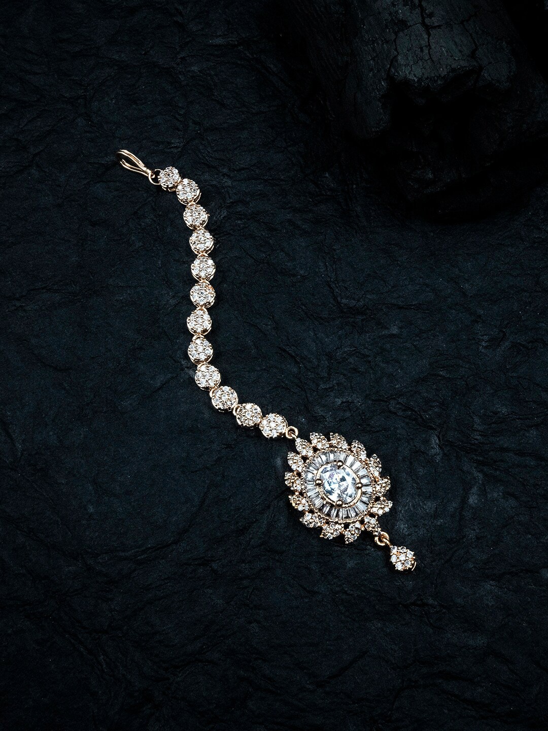 

StileAdda Rose Gold-Plated White AD Stone-Studded Maang Tikka