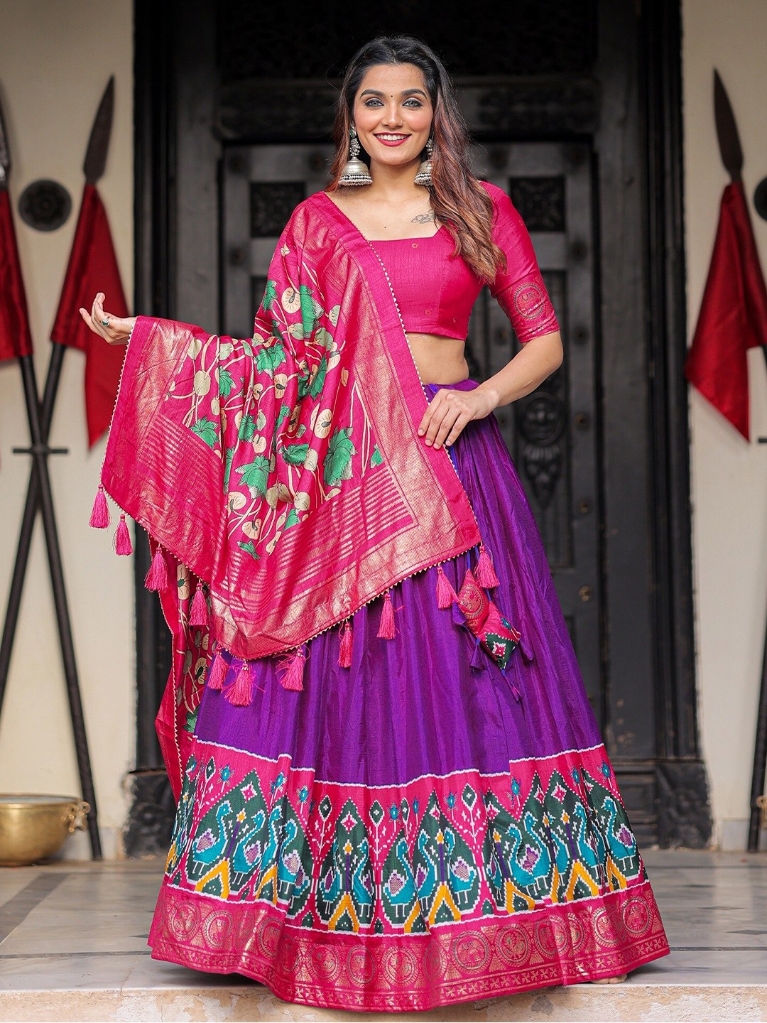 

LOOKNBOOK ART Foil Printed Semi-Stitched Lehenga & Unstitched Blouse With Dupatta, Purple