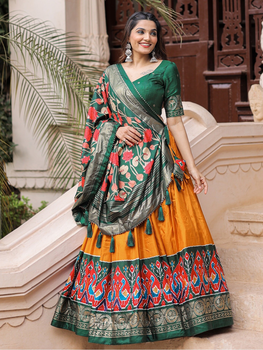 

LOOKNBOOK ART Foil Printed Semi-Stitched Lehenga & Unstitched Blouse With Dupatta, Mustard