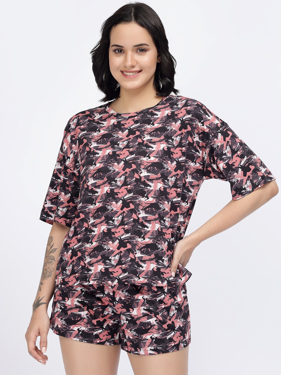 

YOONOY Abstract Printed Pure Cotton T-shirt & Shorts, Black