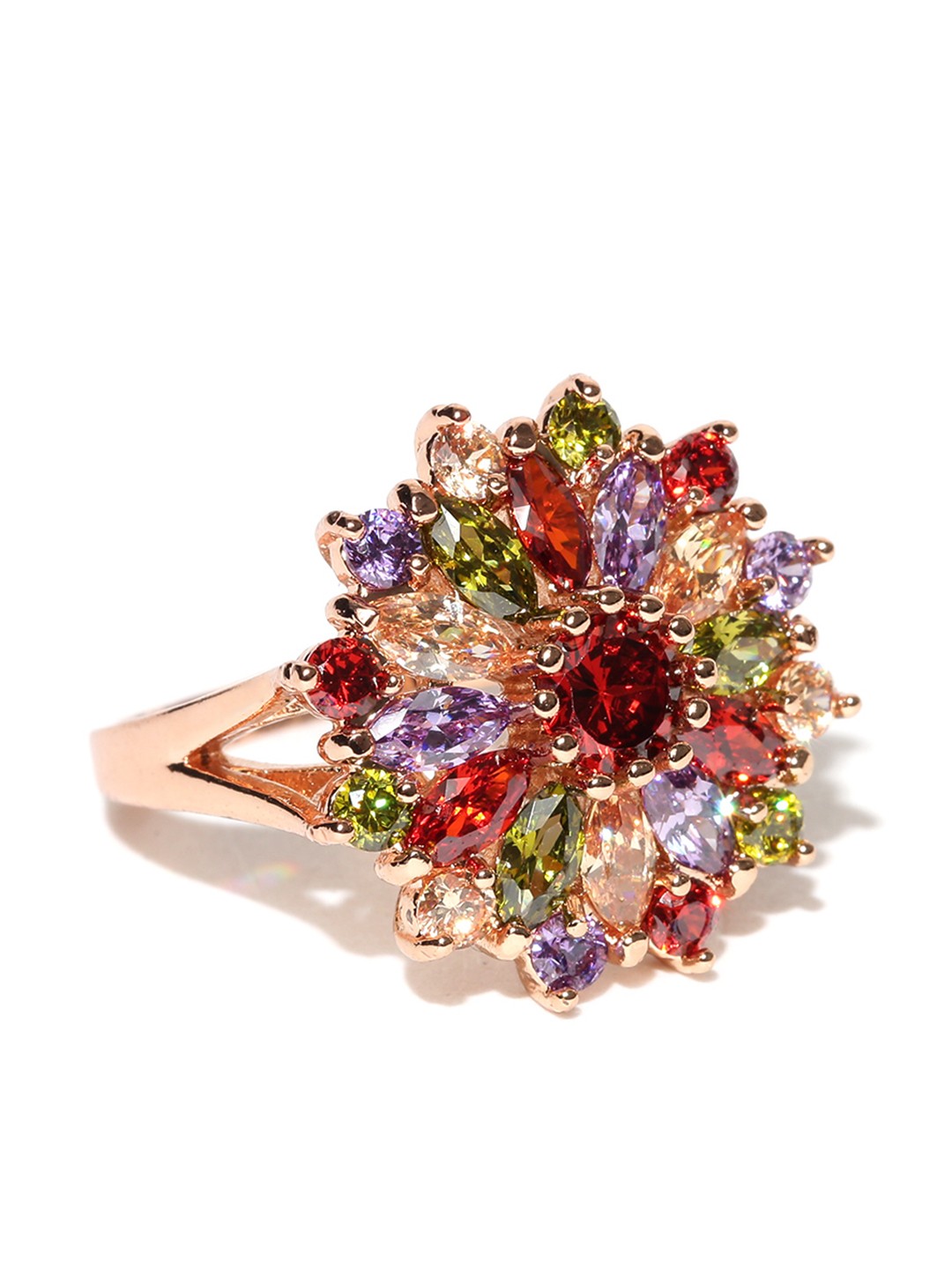 

Jewels Galaxy Multicoloured 18K Rose Gold-Plated Glamorous Swiss CZ Stone-Studded Ring, Multi