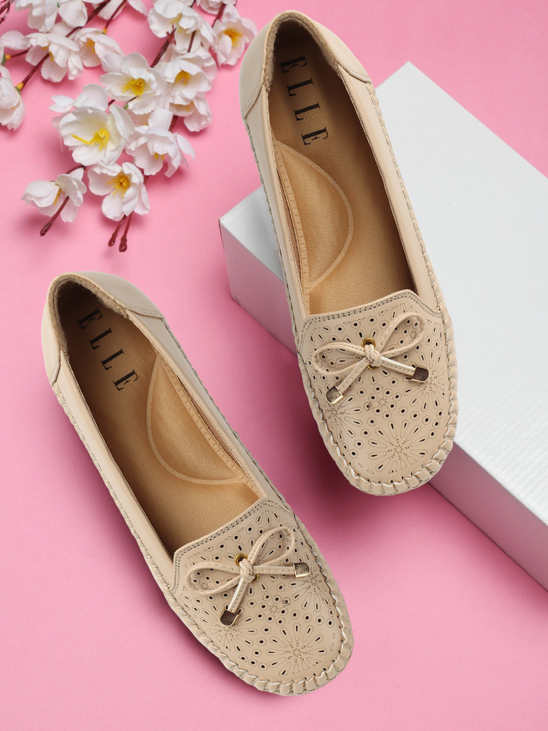 

ELLE Bow Embellished Laser Cut Ballerinas, Cream