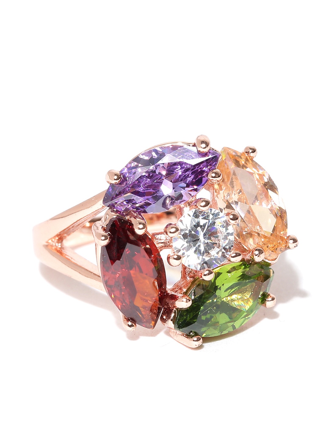 

Jewels Galaxy Multicoloured 18K Rose Gold-Plated Vine Swiss CZ Stone-Studded Ring, Multi