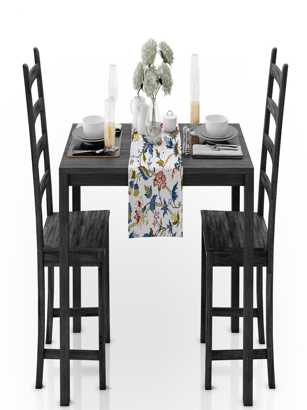 

THE WHITE MOSS Harper White & Blue Printed Pure Organic Cotton Satin Table Runner