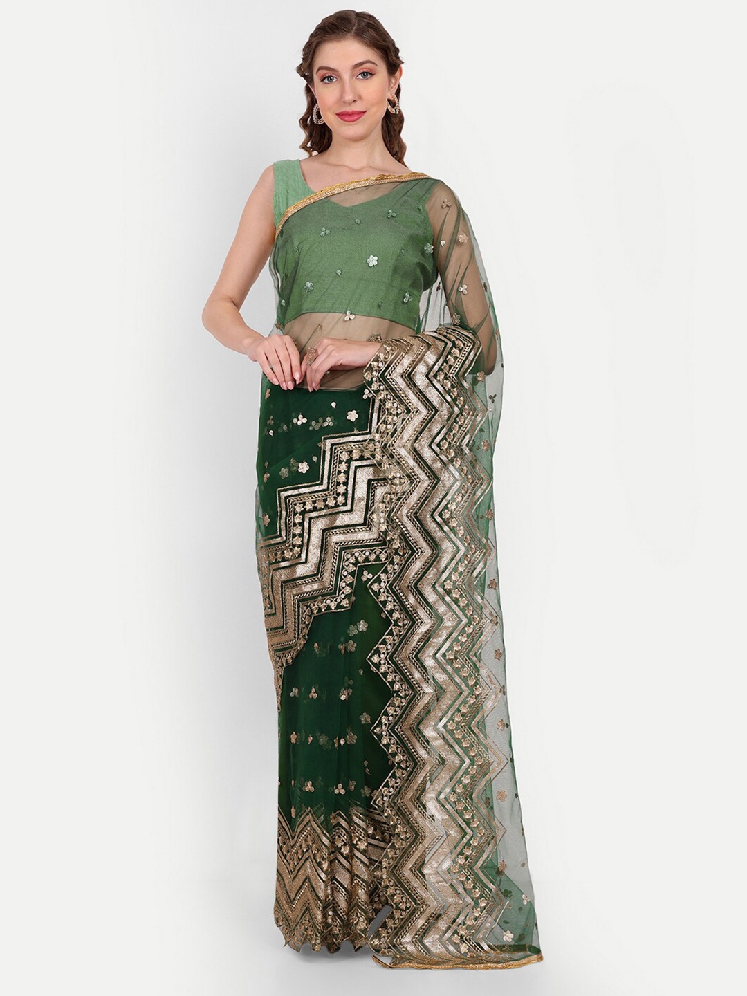 

Paramparik Textile Embellished Net Saree, Green