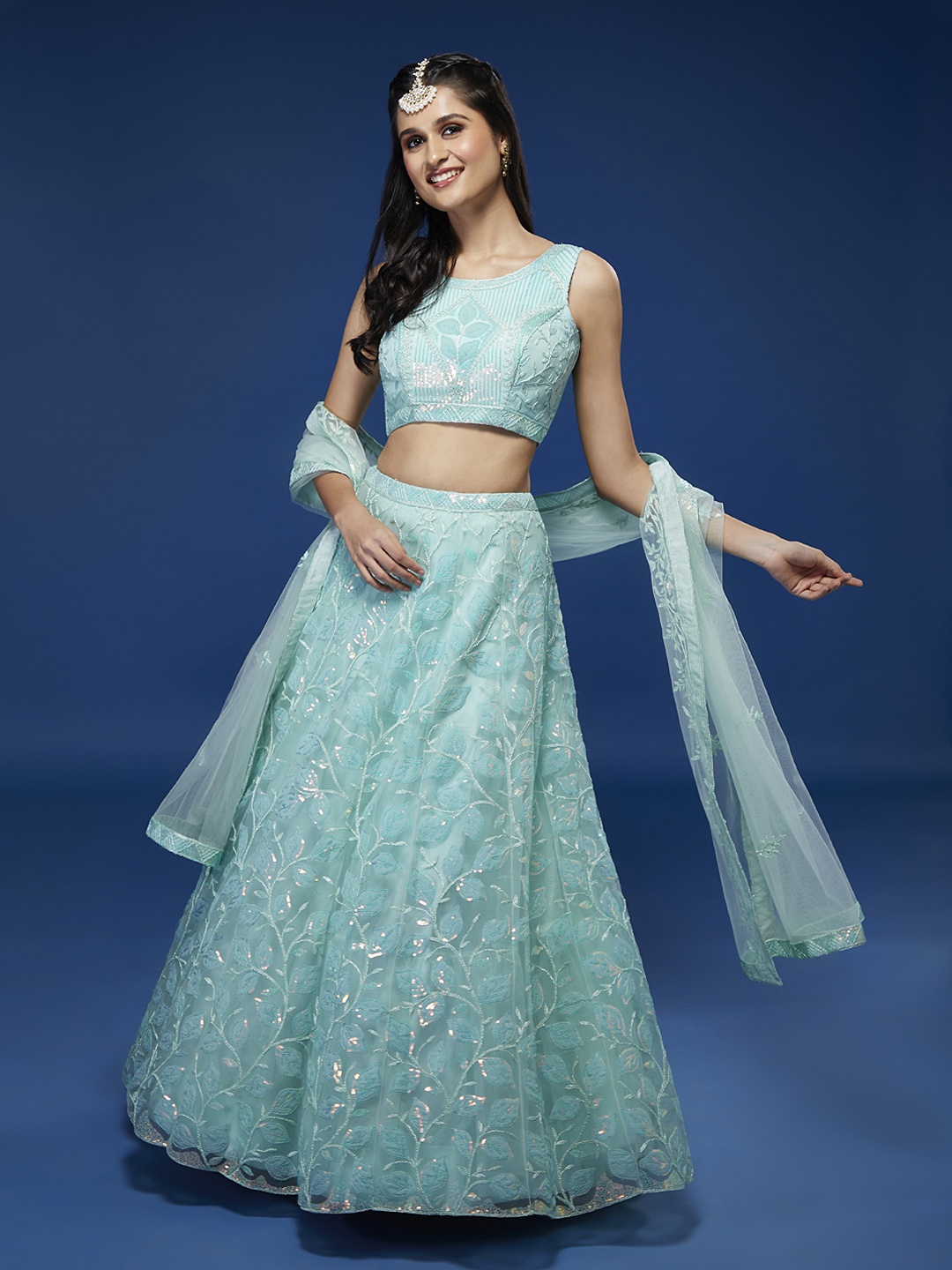 

panchhi Embroidered Sequinned Semi-Stitched Lehenga & Unstitched Blouse With Dupatta, Turquoise blue
