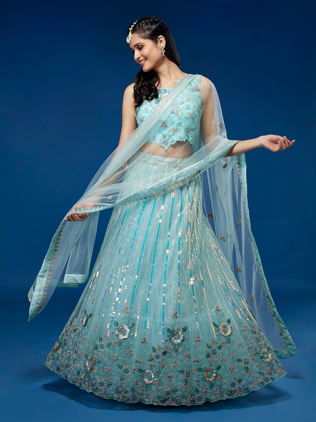 

panchhi Embroidered Sequinned Semi-Stitched Lehenga & Unstitched Blouse With Dupatta, Turquoise blue