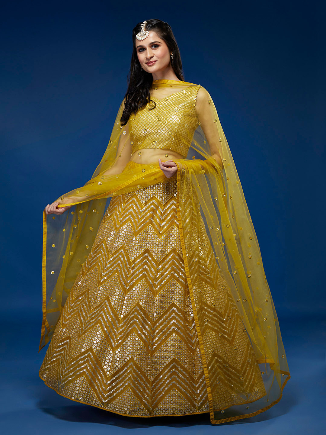 

panchhi Embroidered Sequinned Semi-Stitched Lehenga & Unstitched Blouse With Dupatta, Mustard