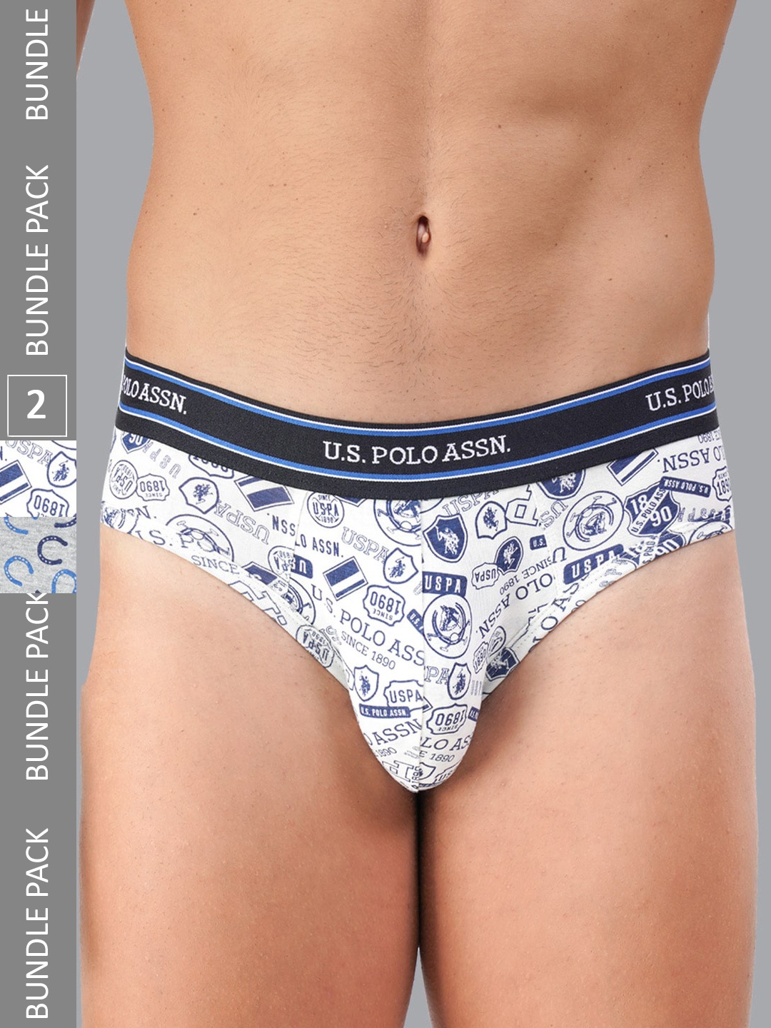 

U.S. Polo Assn. Pack of 2 Printed Cotton Mid Rise Bikini Briefs, Grey melange