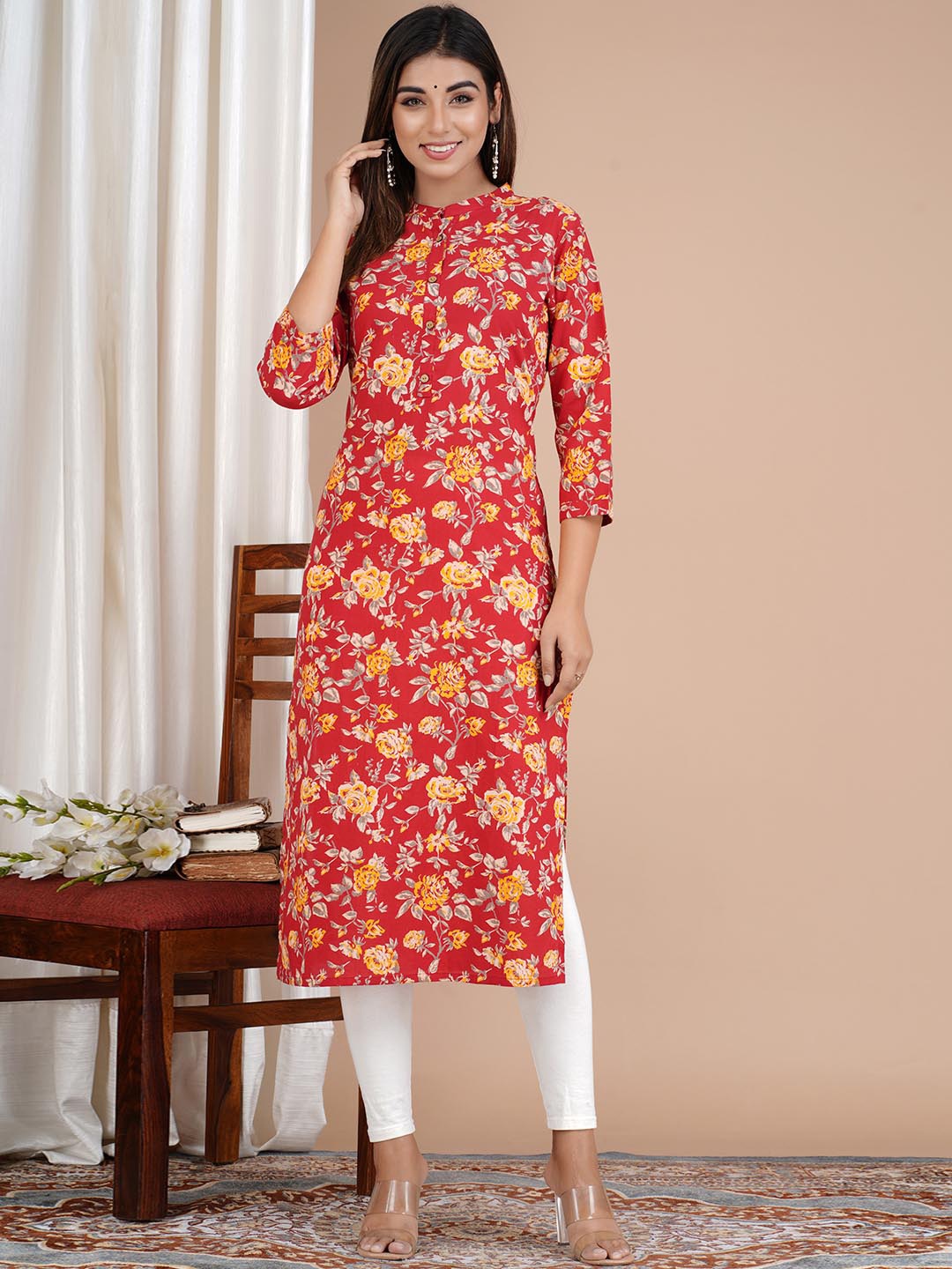 

Meena Bazaar Women Floral Printed Cotton Kurta, Red