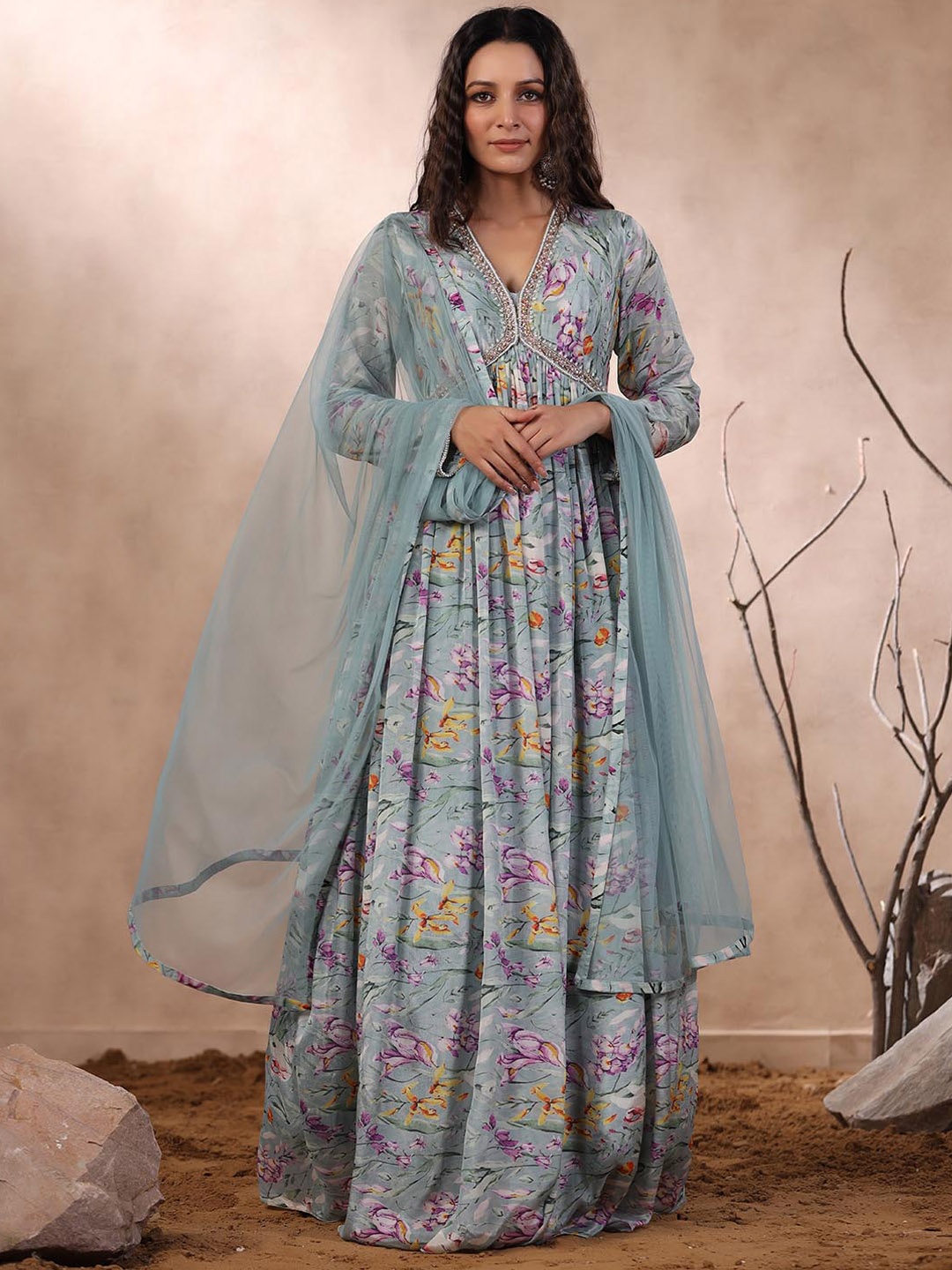 

Meena Bazaar Floral Printed V-Neck Beads & Stones Anarkali Kurta With Dupatta, Blue