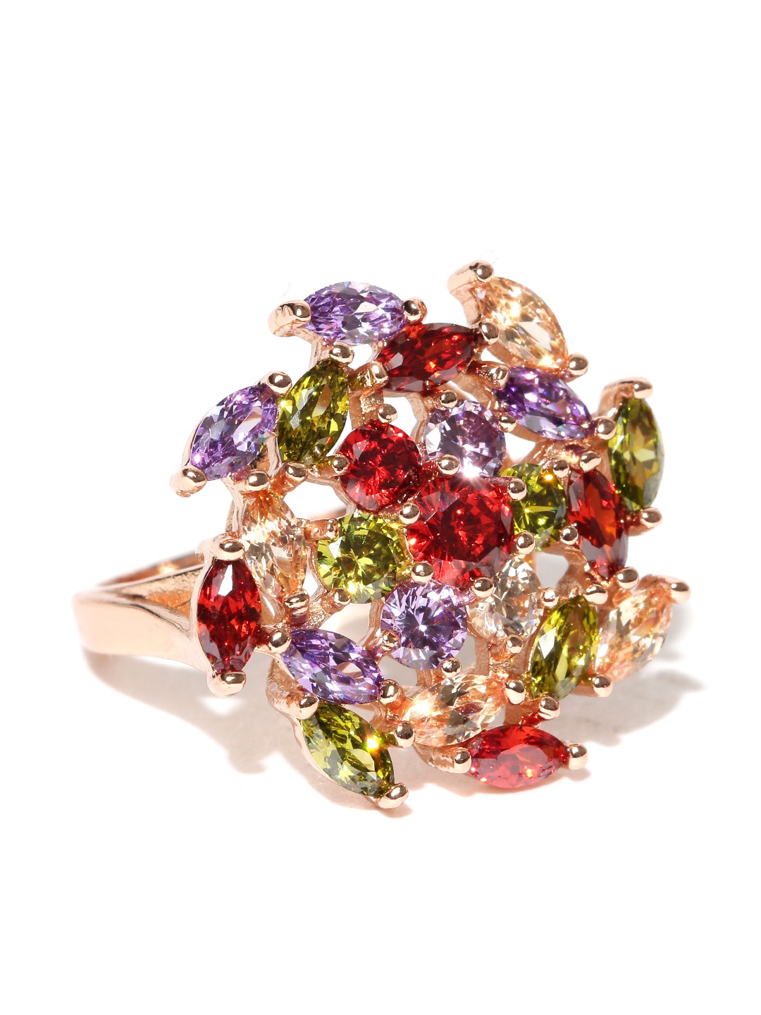 

Jewels Galaxy Multicoloured 18K Rose Gold-Plated CZ Stone-Studded Solitaire Ring, Multi