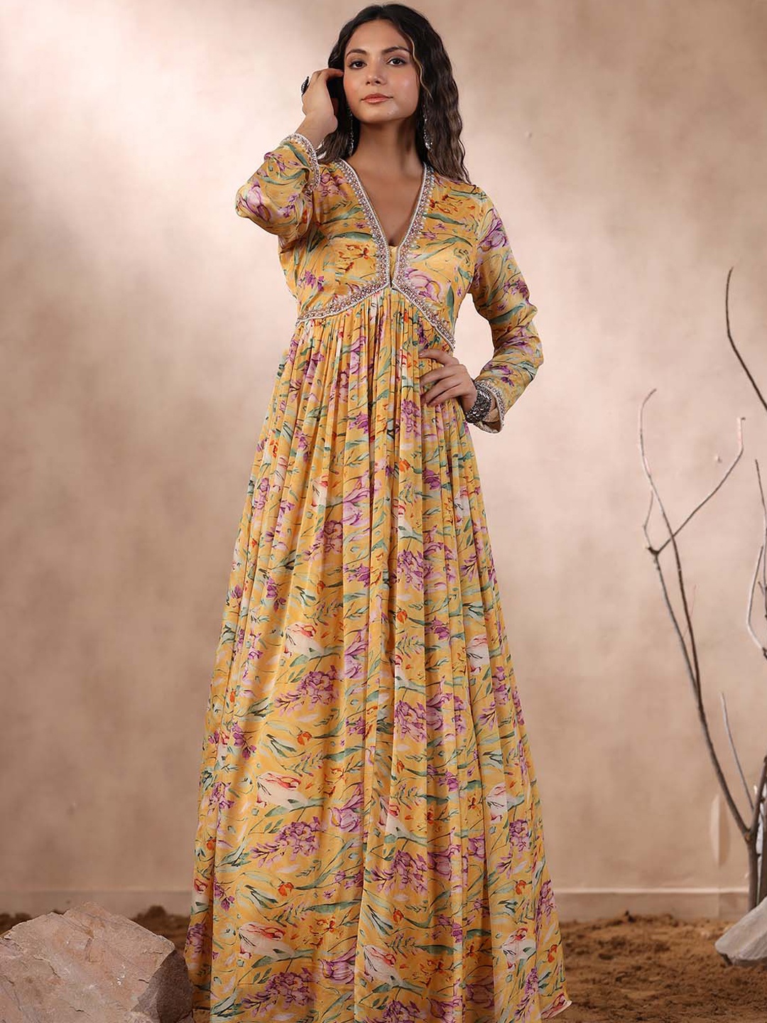 

Meena Bazaar Floral Embroidered Sleeves Anarkali Kurta, Mustard