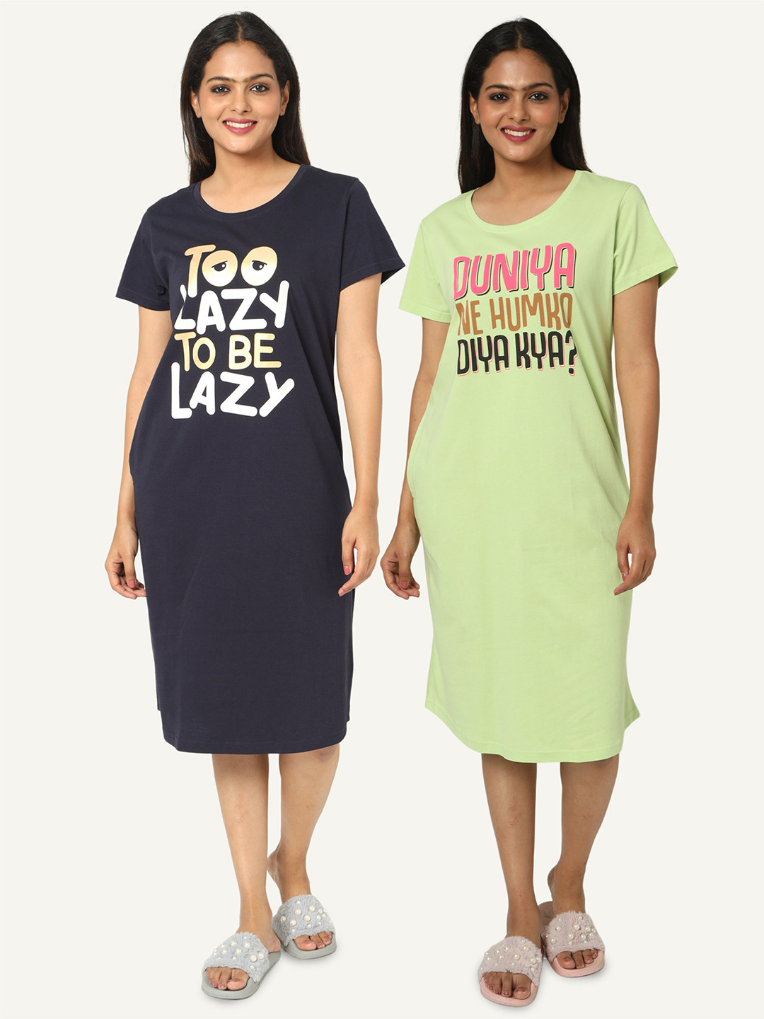 

9shines Label Pack Of 2 Printed Pure Cotton T-shirt Nightdress, Black