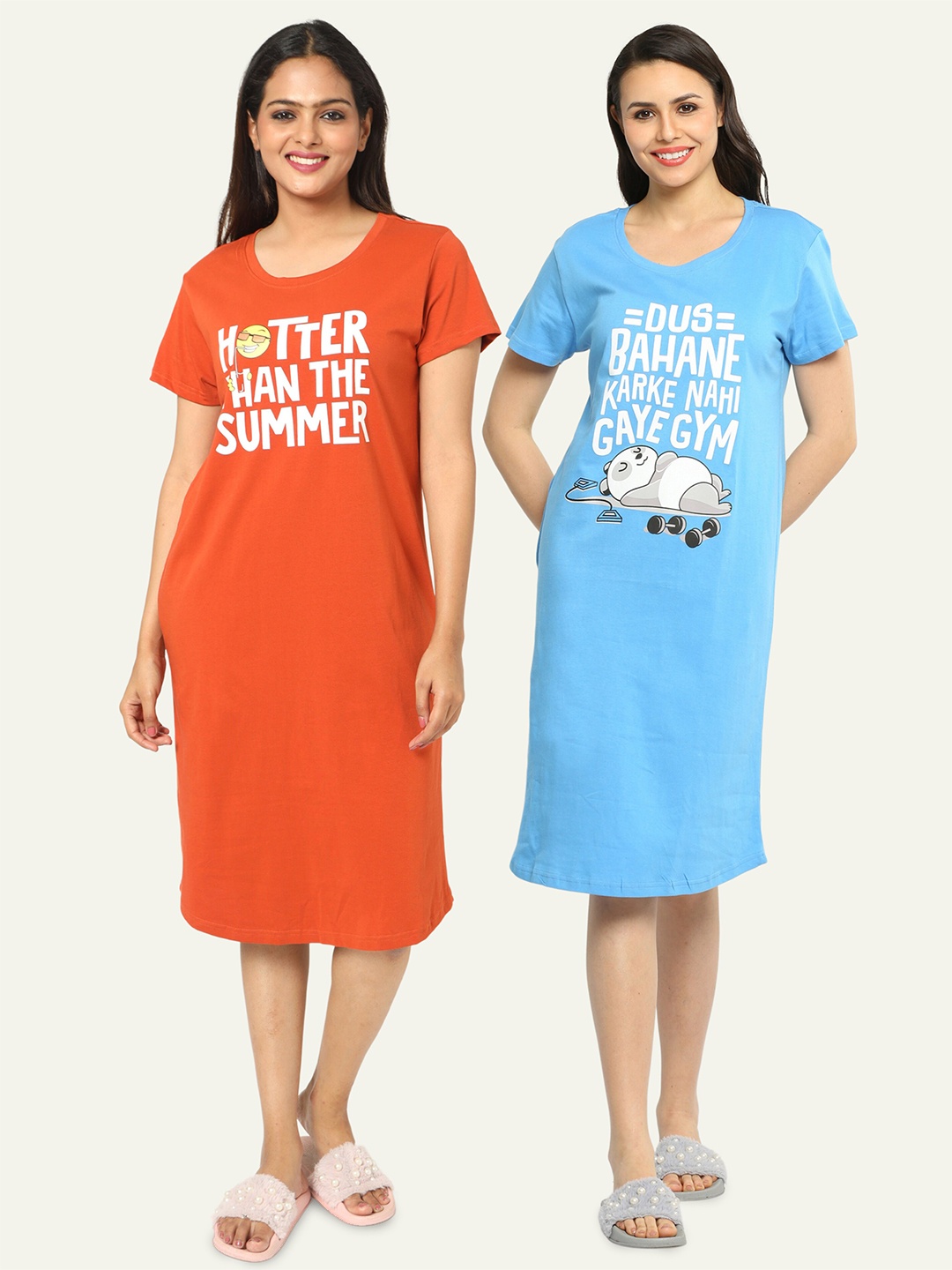 

9shines Label Pack Of 2 Typography Printed Pure Cotton Nightdress, Blue