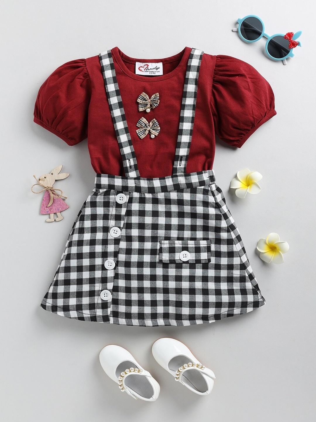 

M'andy Girls Checked Cotton Top With Dungaree Skirt, Maroon