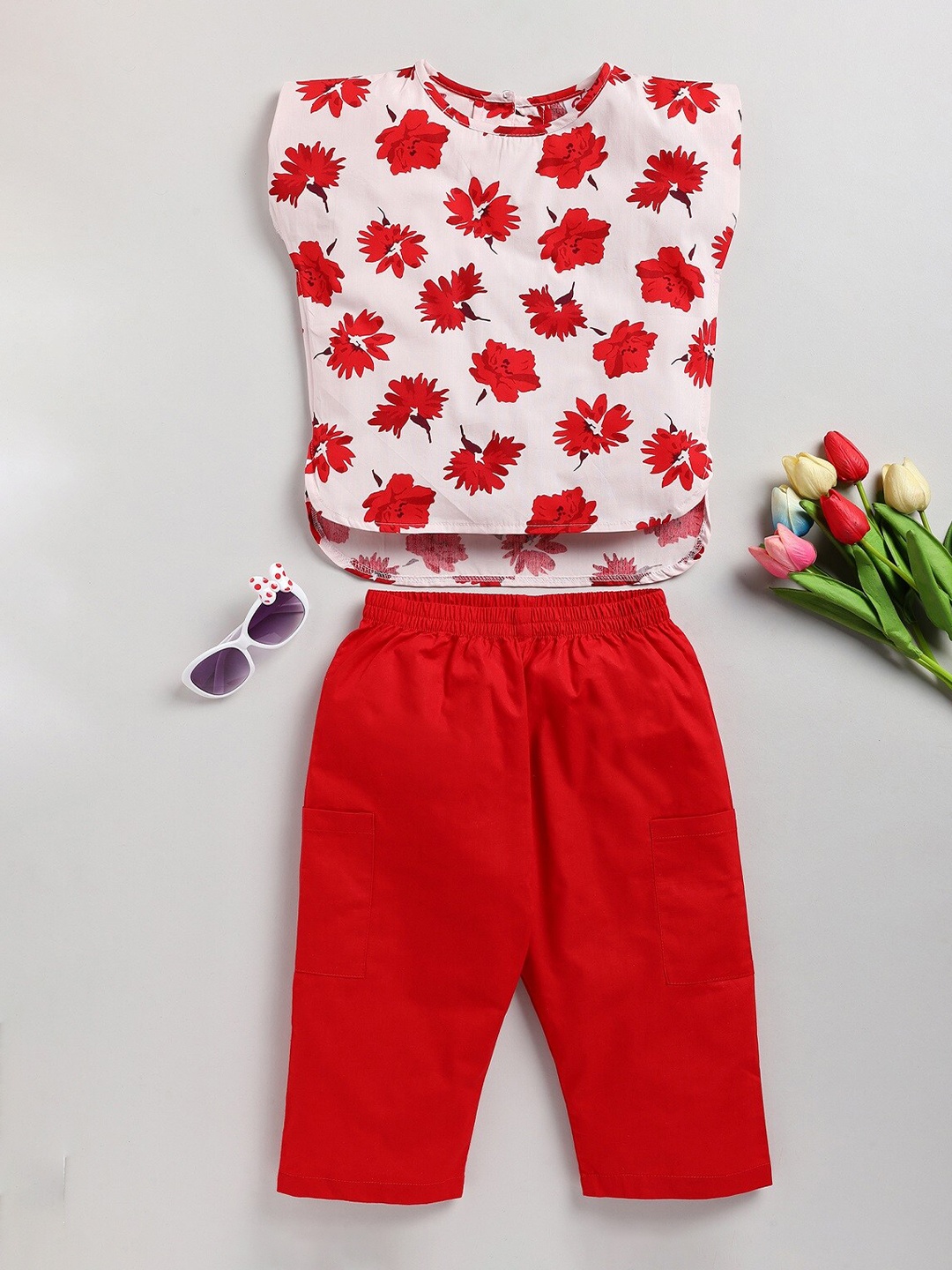 

M'andy Girls Printed Pure Cotton Top with Trousers, Red