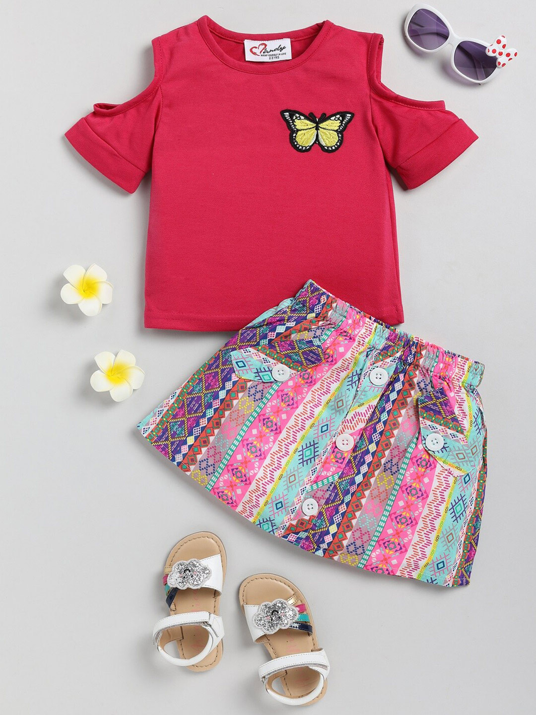 

M'andy Girls Printed Pure Cotton Top With Skirt, Magenta