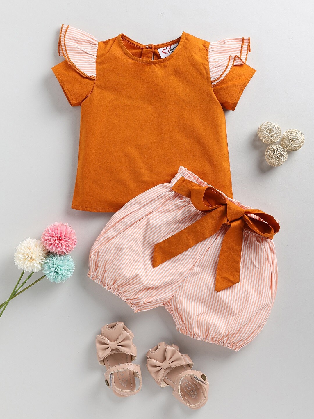 

M'andy Kids Girls Printed Pure Cotton Top with Shorts, Orange