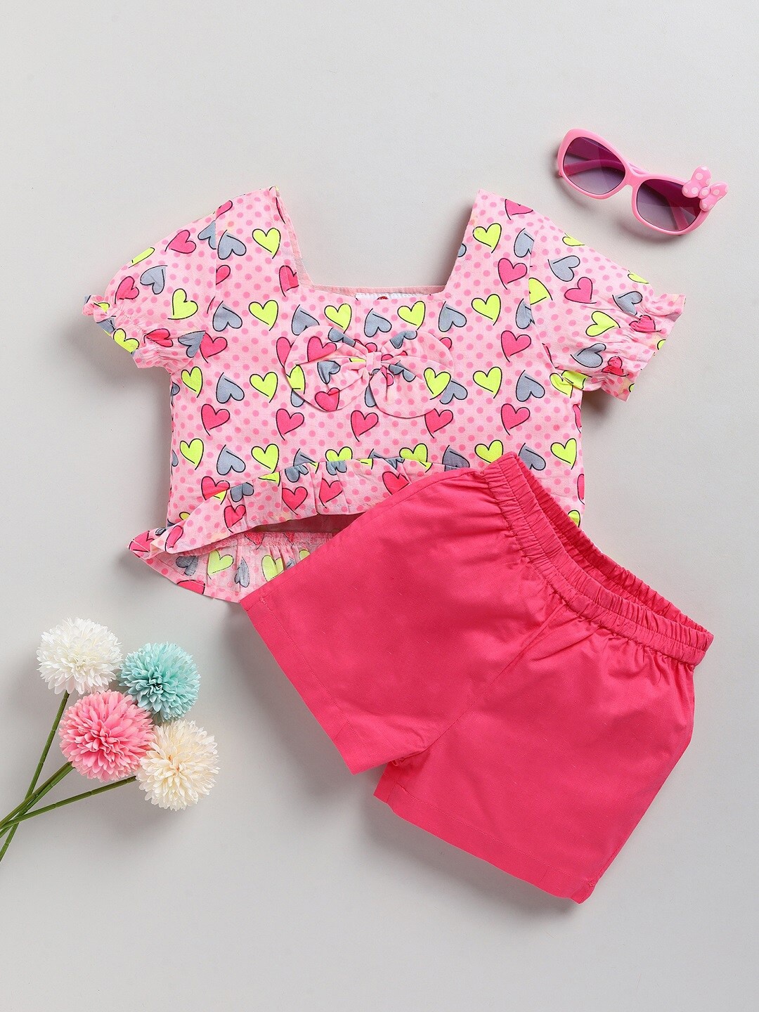 

M'andy Girls Pure Cotton Printed Top with Shorts, Pink