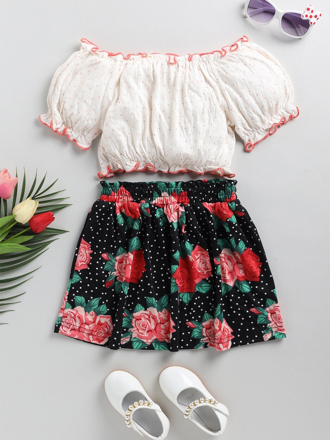 

M'andy Girls Printed Pure Cotton Top with Skirt, Off white