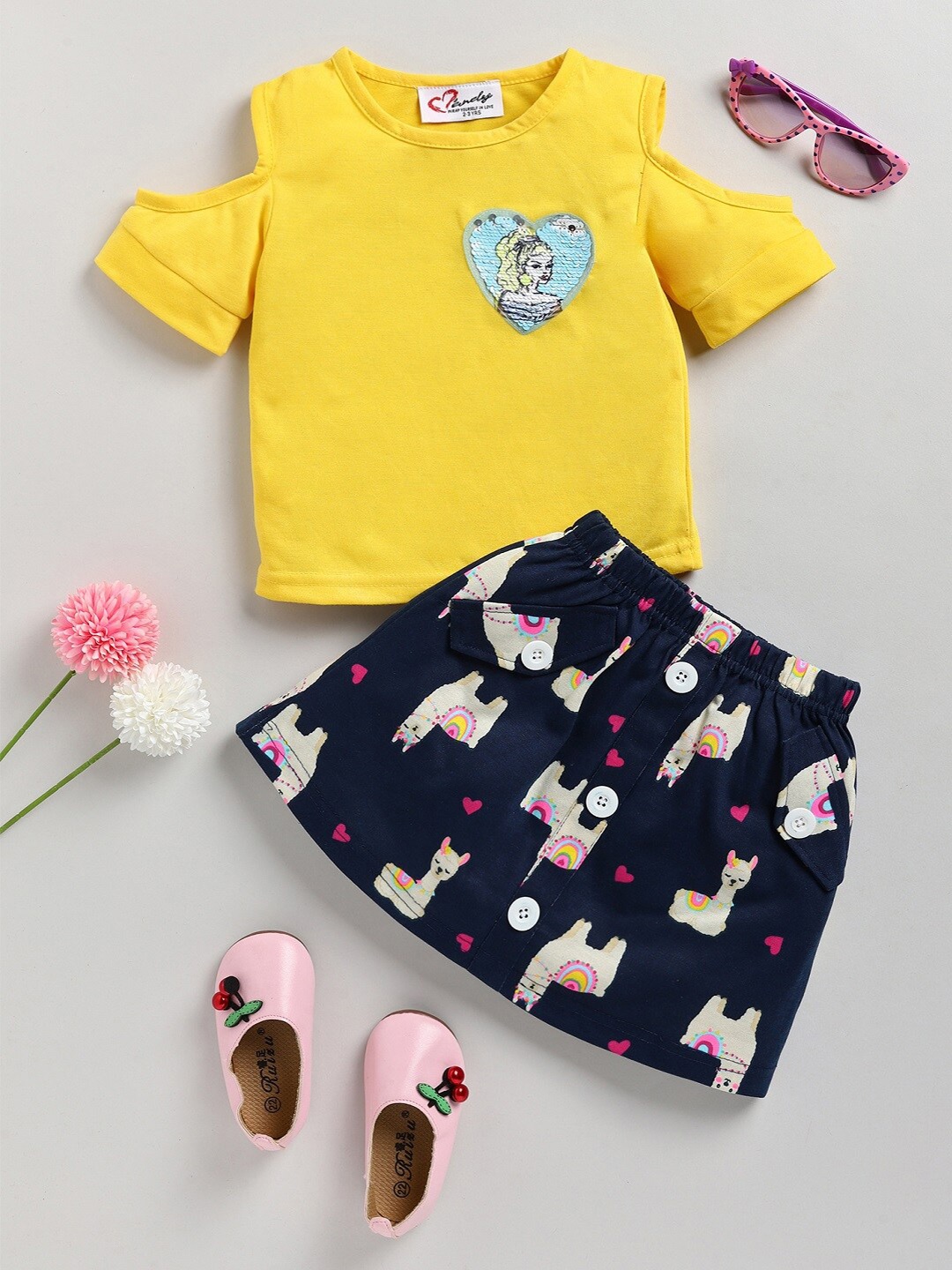 

M'andy Girls rinted Pure Cotton Top with Skirt, Yellow