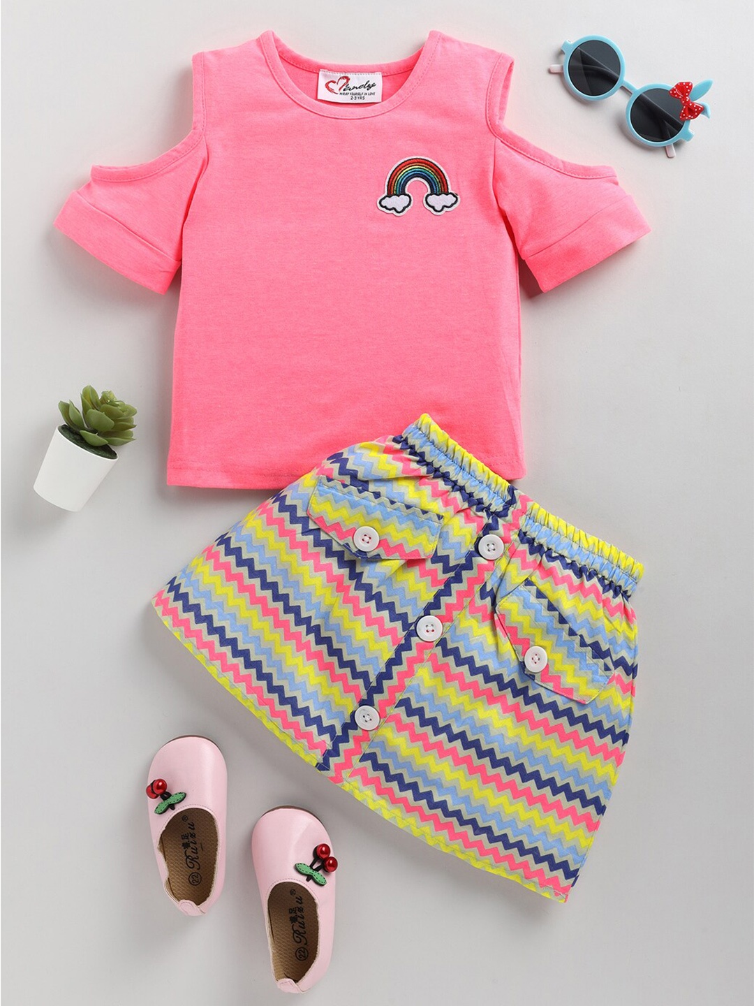 

M'andy Girls Striped Pure Cotton Top with Skirt, Pink