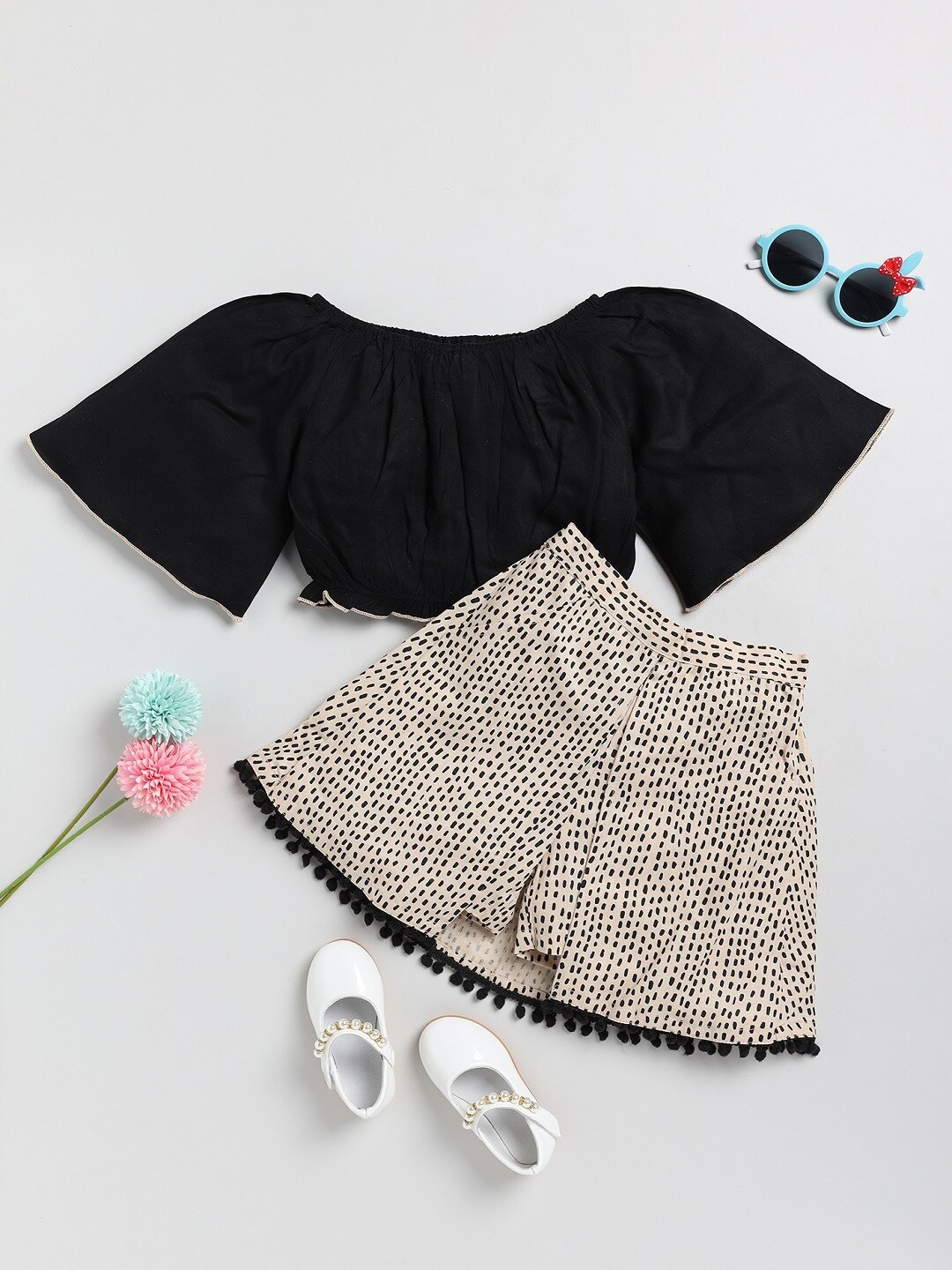 

M'andy Girls Printed Pure Cotton Top with Shorts, Black