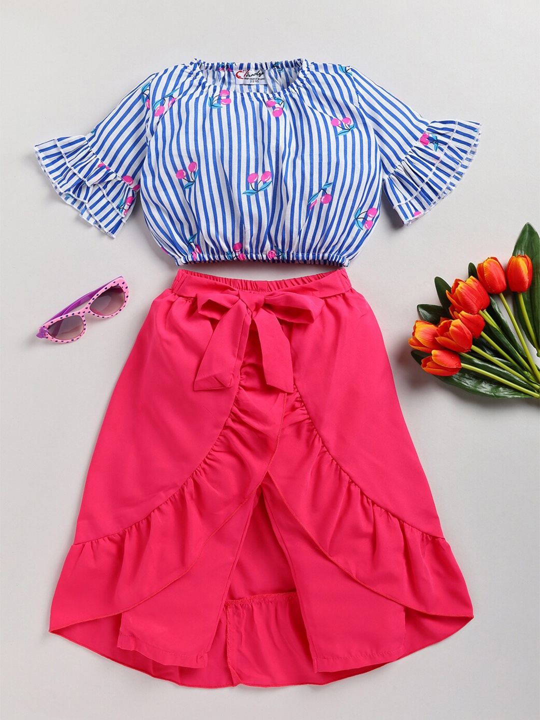 

M'andy Girls Striped Pure Cotton Top with Skirt, Blue