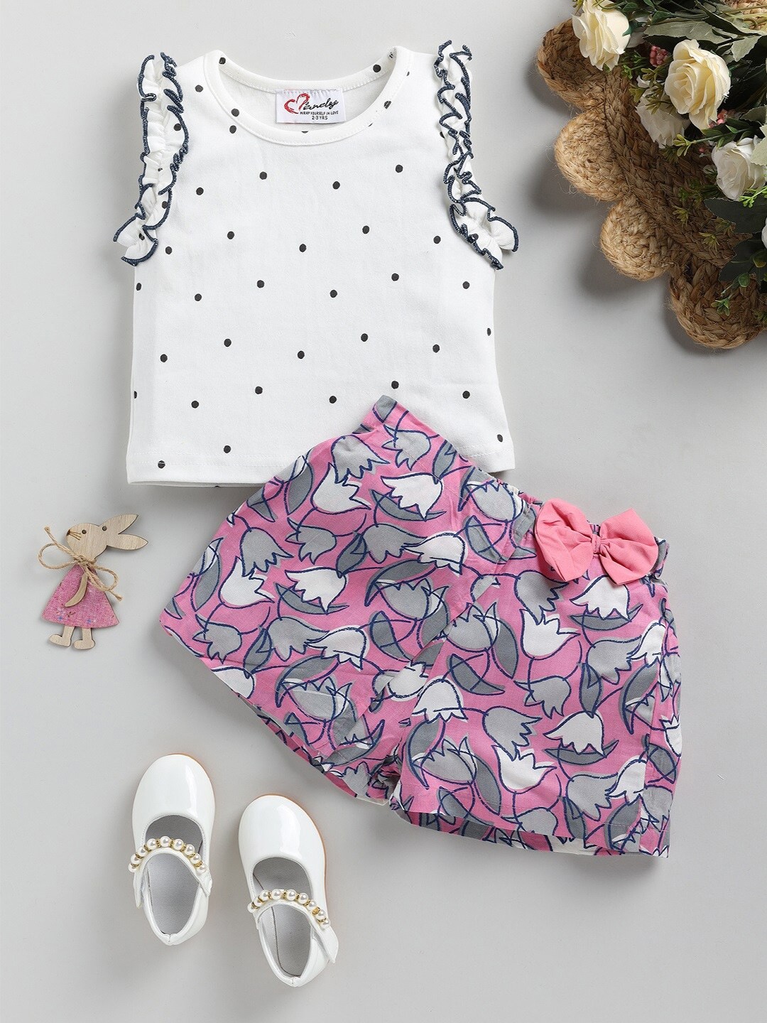 

M'andy Girls Printed Pure Cotton Top with Shorts, White