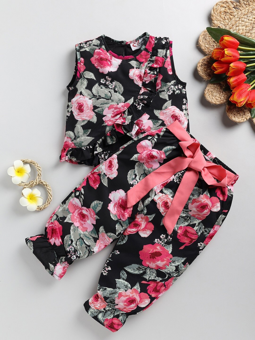 

M'andy Girls Floral Printed Pure Cotton Top With Trousers, Black