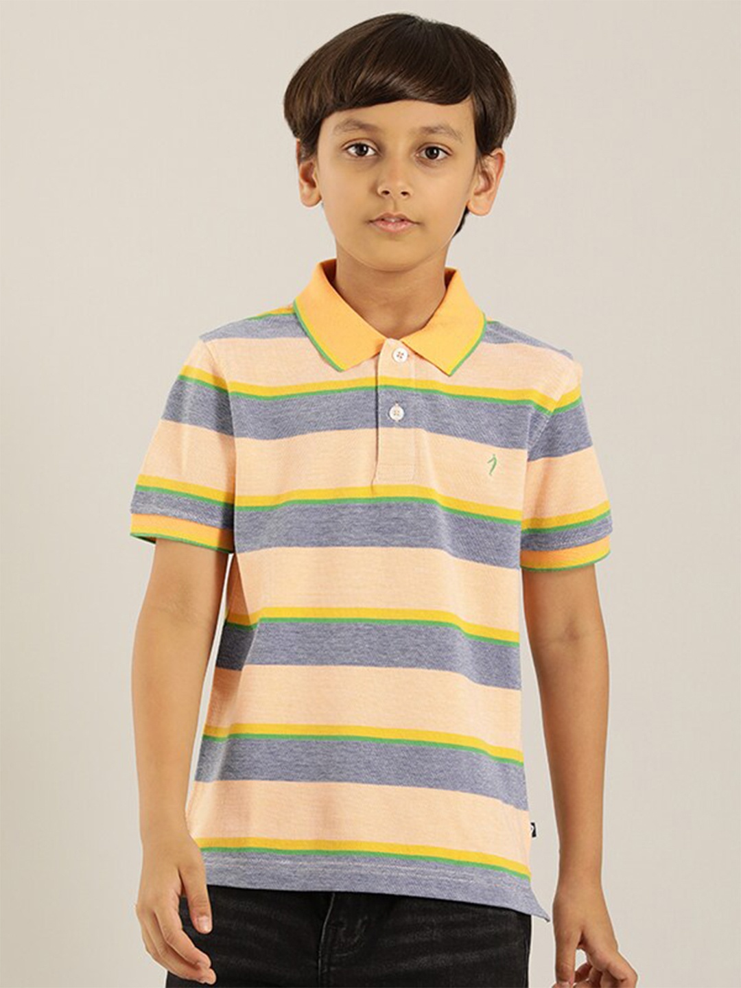 

Indian Terrain Boys Striped Polo Collar Pure Cotton T-shirt, Peach