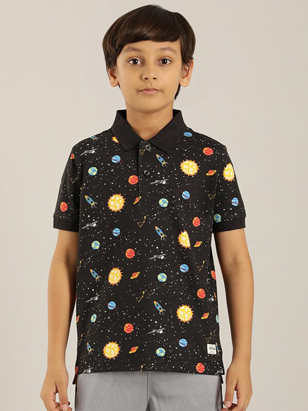 

Indian Terrain Boys Conversational Printed Polo Collar Pure Cotton T-shirt, Black