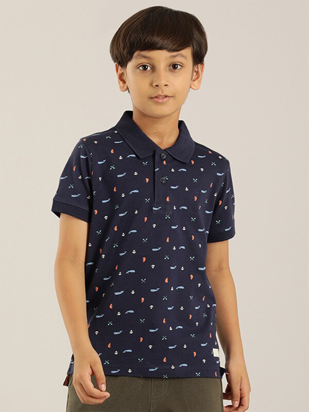 

Indian Terrain Boys Conversational Printed Polo Collar Pure Cotton T-shirt, Navy blue