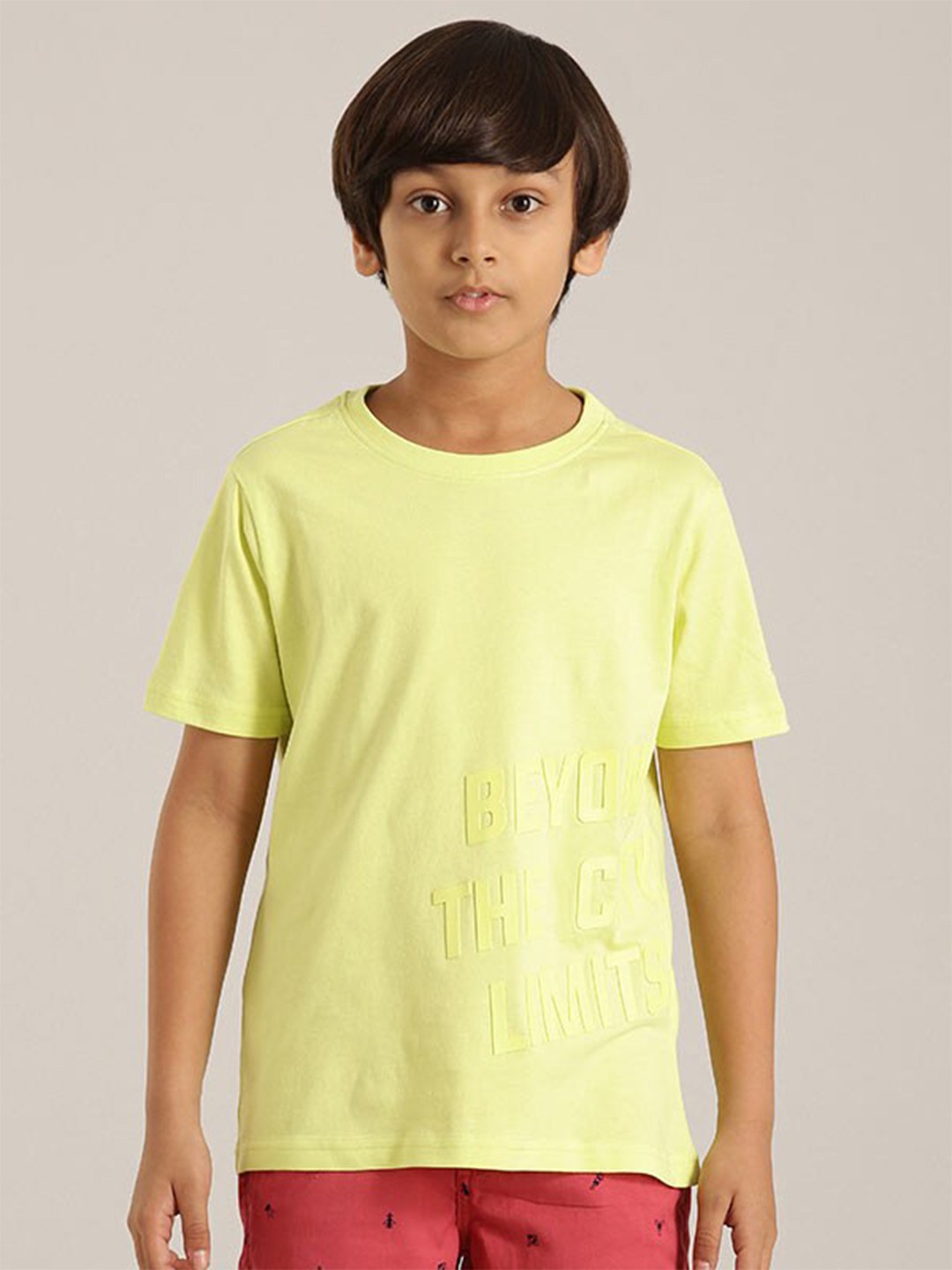 

Indian Terrain Boys Embossed Typography Printed Pure Cotton T-shirt, Yellow