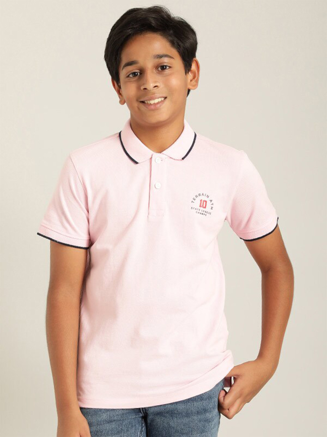 

Indian Terrain Boys Pink Polo Collar Pure Cotton T-shirt