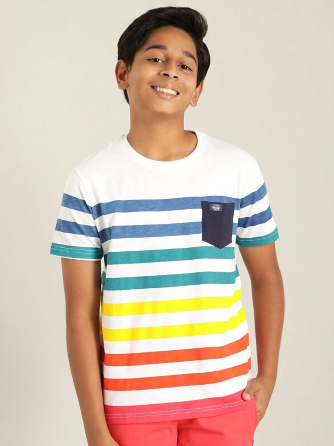 

Indian Terrain Boys Striped Pure Cotton T-shirt, White