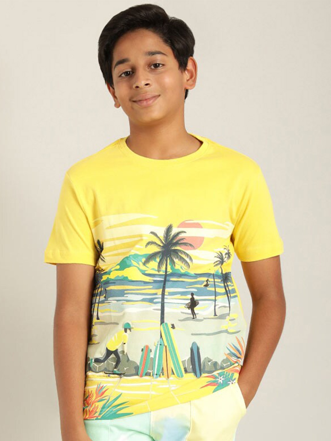 

Indian Terrain Boys Graphic printed Pure Cotton T-shirt, Yellow