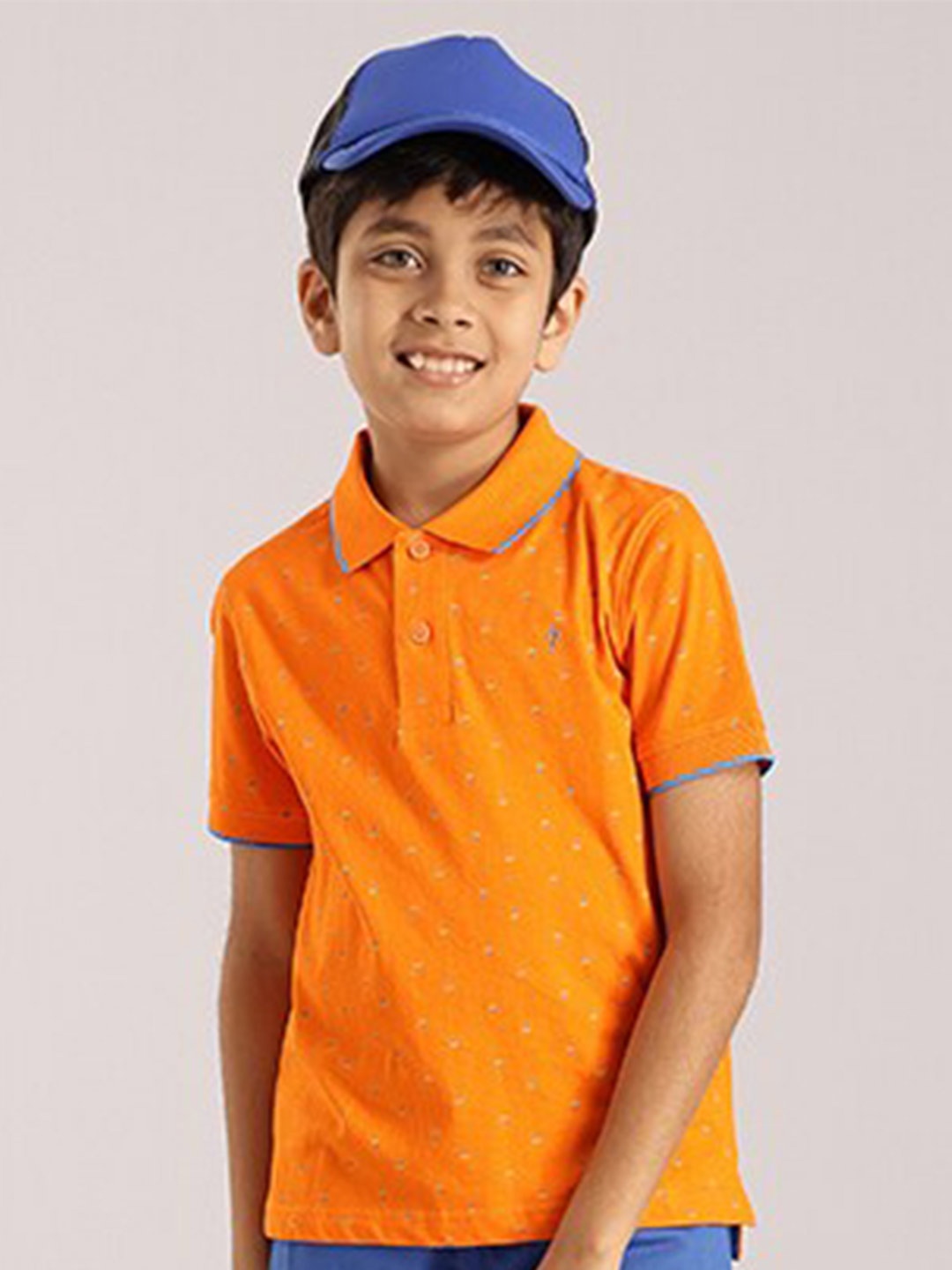 

Indian Terrain Boys Micro Ditsy Printed Polo Collar Pure Cotton T-shirt, Orange